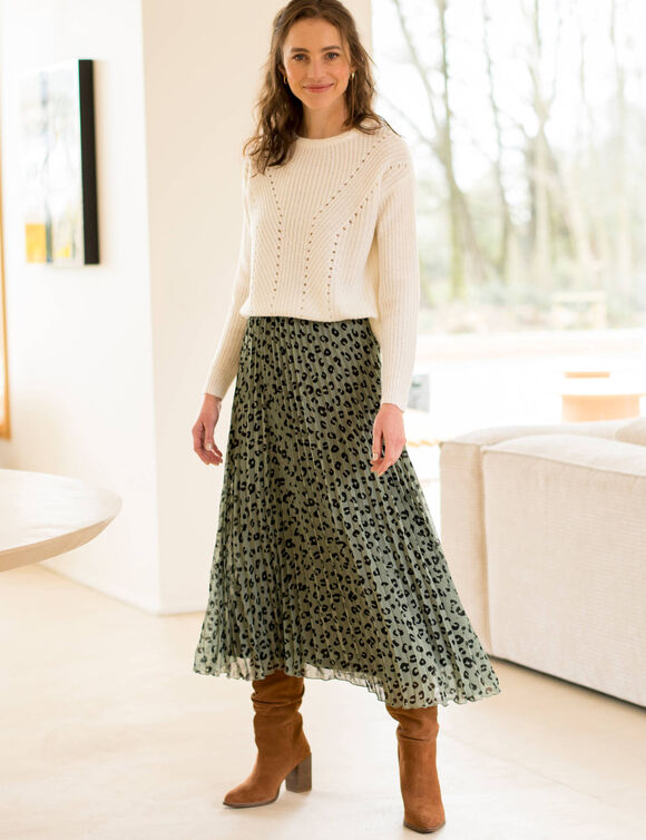 Pull col rond maille anglaise, détails ajourés (écru) Pull col rond maille anglaise, détails ajourés (écru)